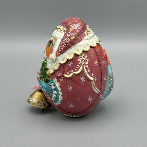 Russian Handpainted Carved Santa with Bell Tree Toy Bag Egg 3D Figurine Signed - Picture 4 of 9